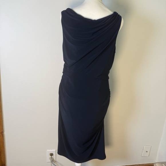 Vera Wang Sleeveless Navy Blue Cowl Neck Ruched Waist Knee Length Dress Size 10 - Picture 1 of 7